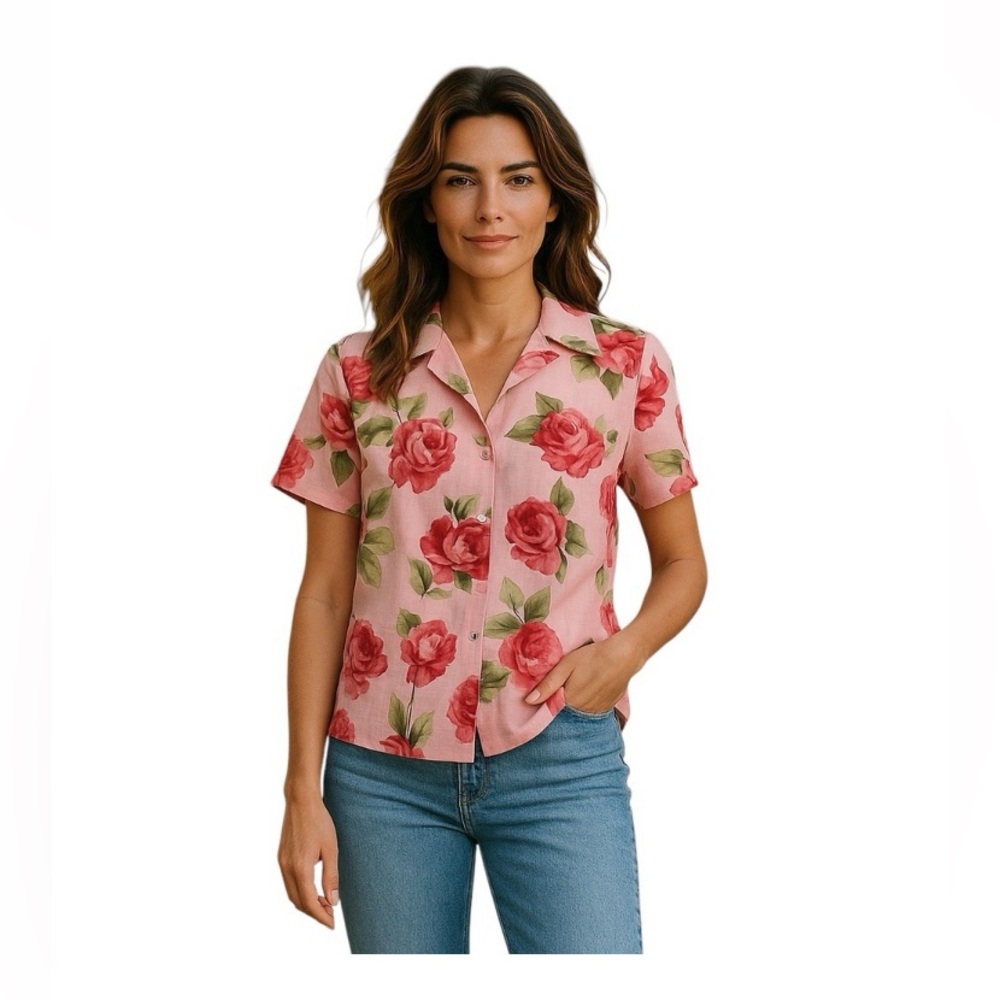 Liz Claiborne ( 100% linen) Pink Floral Button-Down Shirt ( size 4)